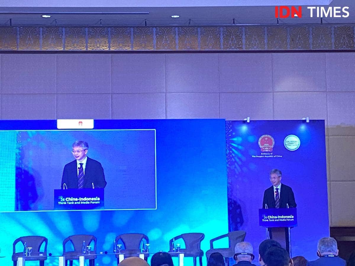 Duta Besar China untuk Indonesia Wang Lutong dalam Indonesia-China Think Tank and Media Forum 2026. (IDN Times/Marcheilla Ariesta)
