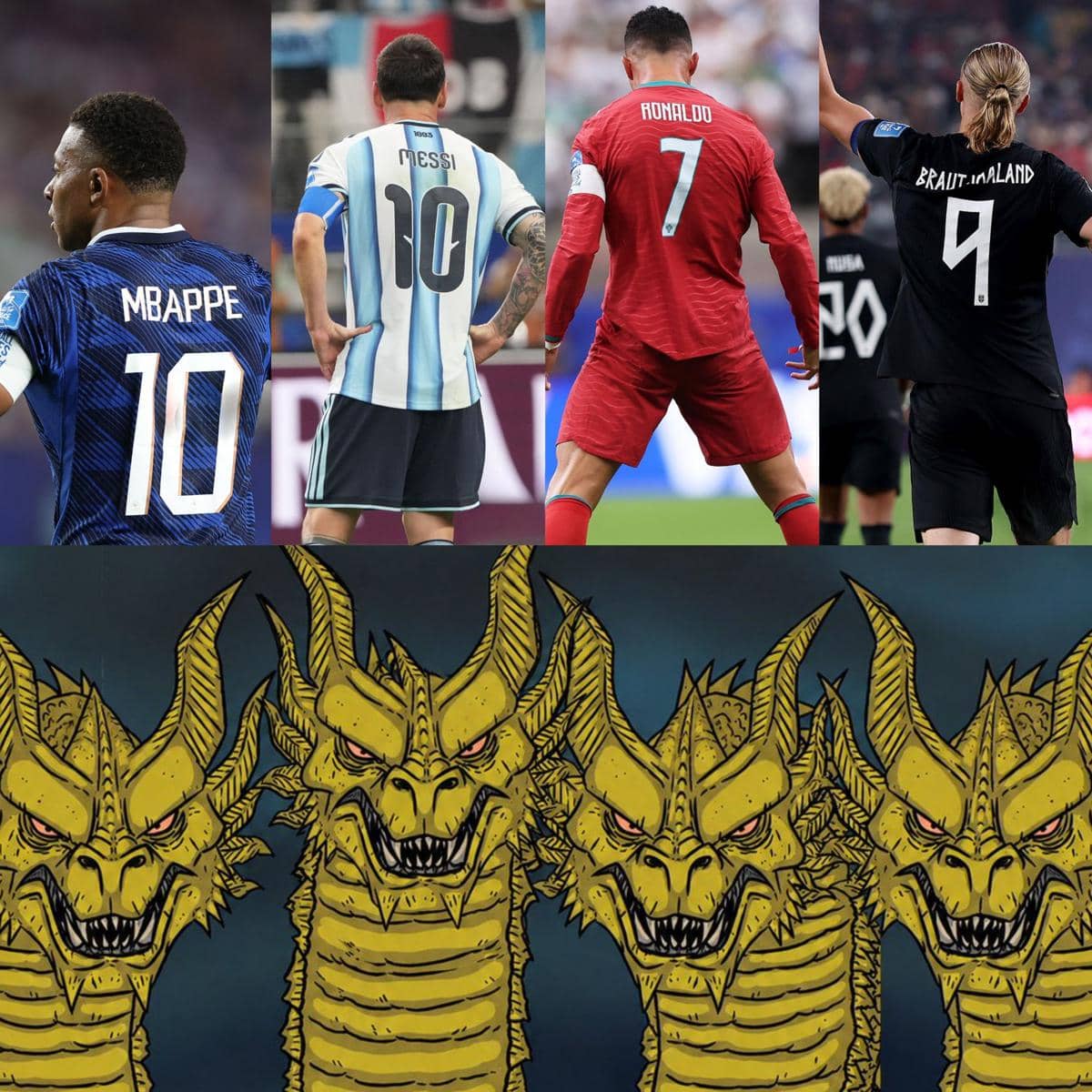 Kolase empat pesepak bola terkenal mengenakan seragam tim nasional mereka disandingkan dengan ilustrasi tiga naga berwajah lucu dan dua naga garang.