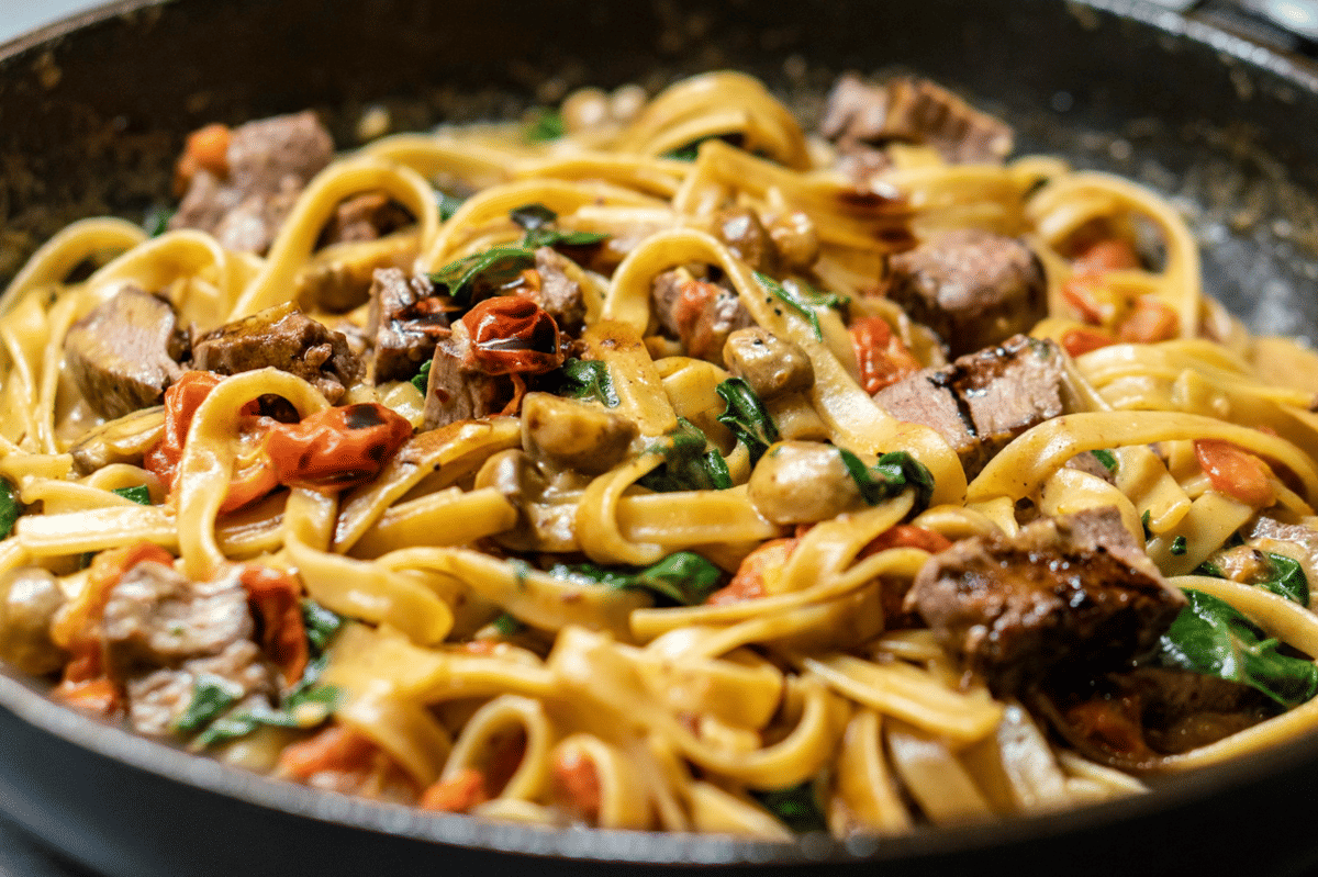 Tagliatelle tomat dan 'nduja dengan potongan daging, jamur, dan bayam segar dimasak dalam saus krim di atas wajan.