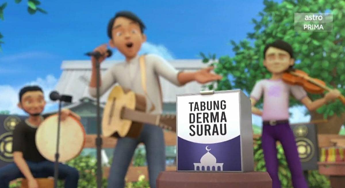 aksi penggalangan dana di Kampung Durian Runtuh dalam animasi Upin & Ipin