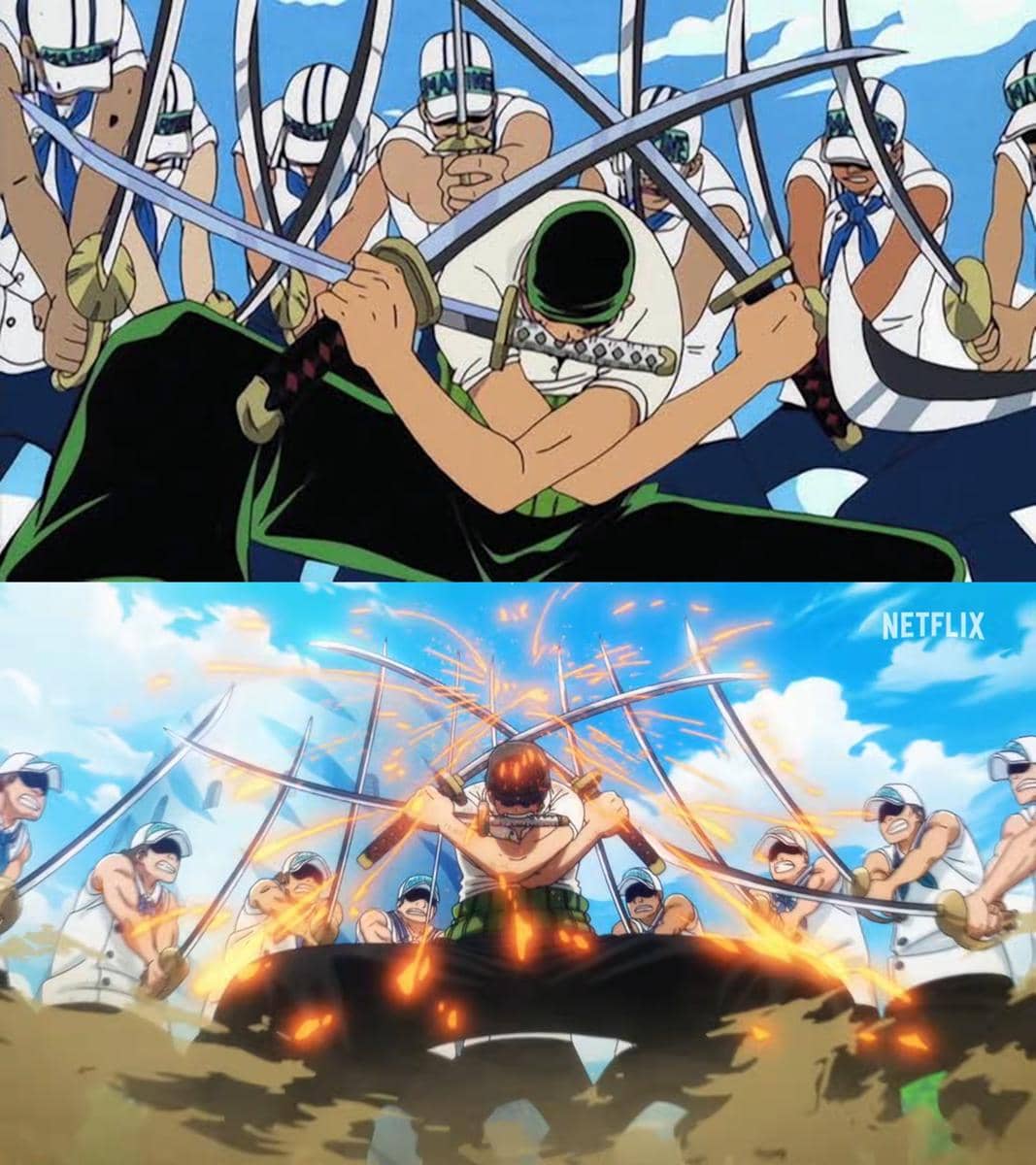 Perbandingan adegan karakter berpedang dari anime One Piece versi original dan versi remake dengan peningkatan kualitas visual.