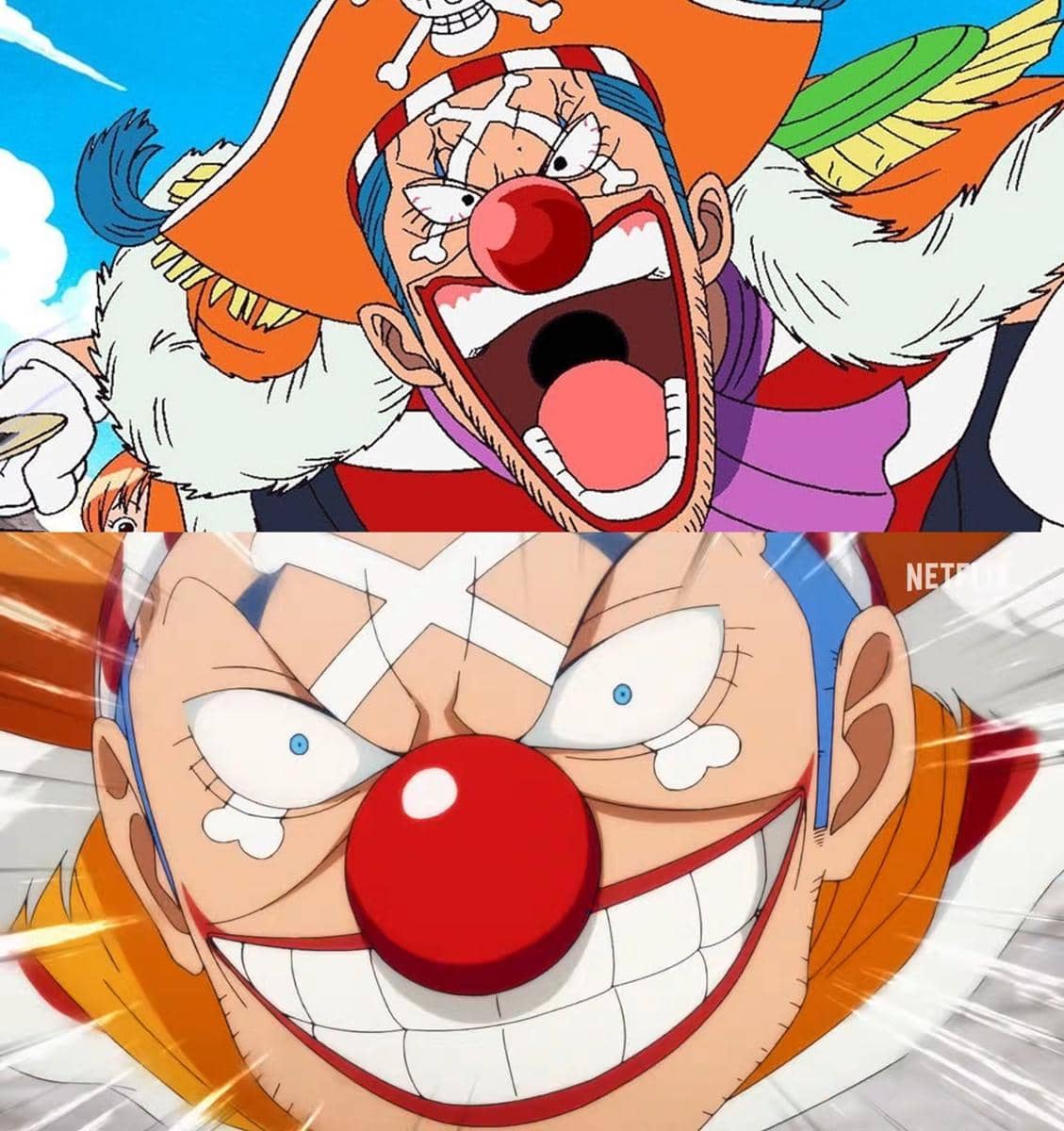 Perbandingan karakter badut dari anime One Piece versi original dan versi remake dengan gaya animasi berbeda dari dua studio.