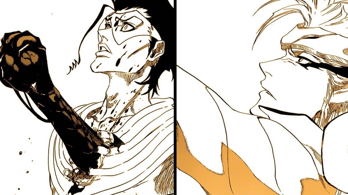 Grimmjow dari Bleach mencabut jantung Askin dalam adegan pertarungan intens bergaya manga dengan detail ekspresi dramatis.