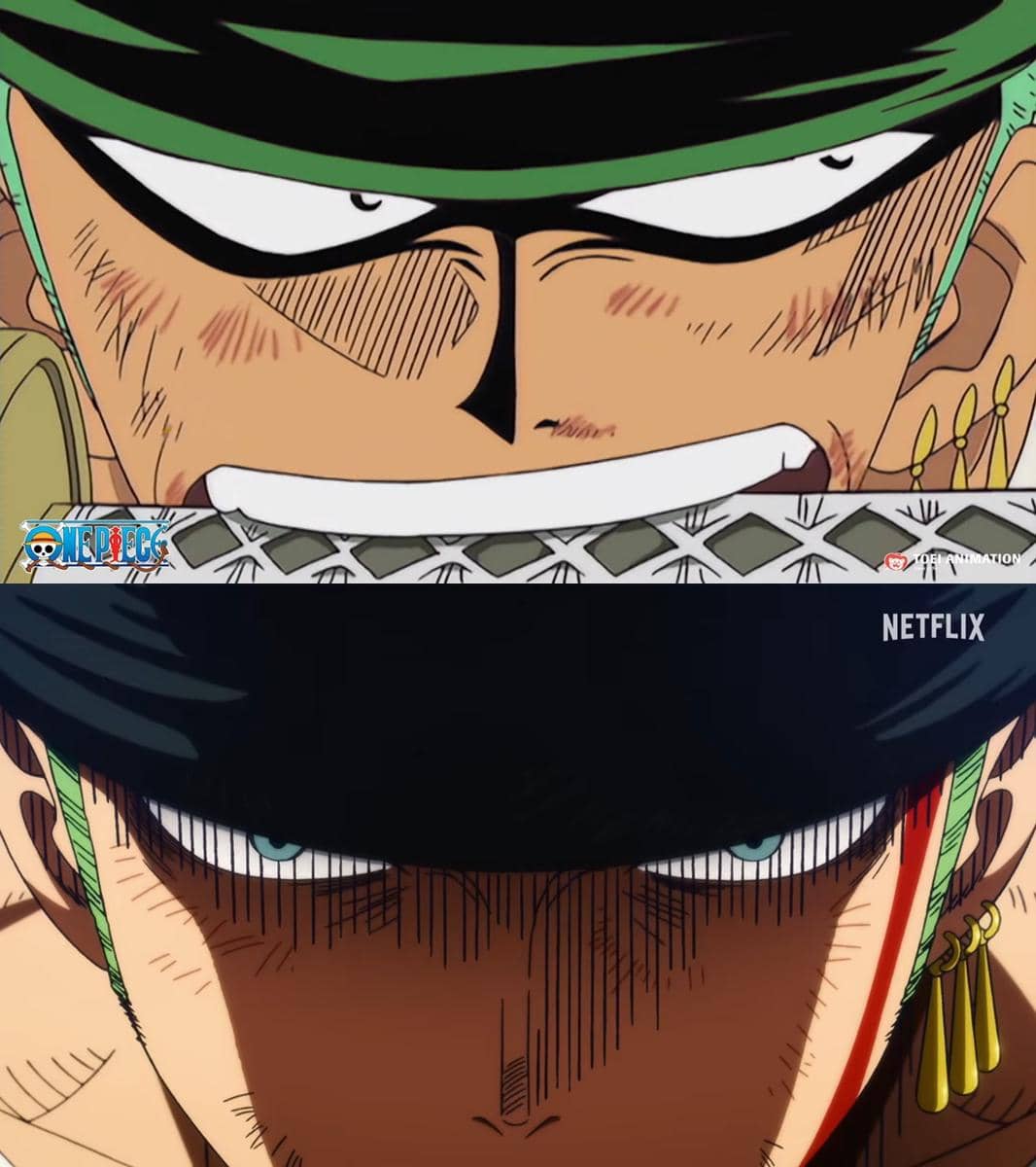 Perbandingan visual karakter anime One Piece versi original dan versi remake, menampilkan perbedaan gaya gambar dan pencahayaan.