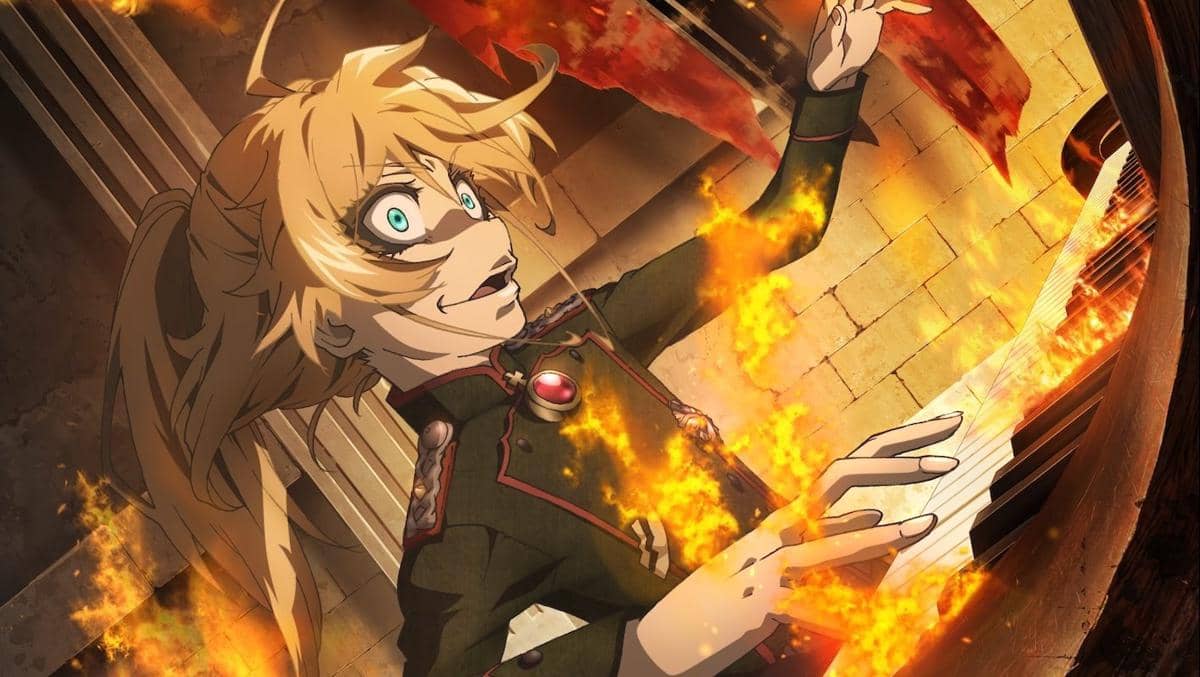 Karakter anime berambut pirang dengan ekspresi intens memainkan piano yang terbakar api dalam adegan Saga of Tanya the Evil 2.