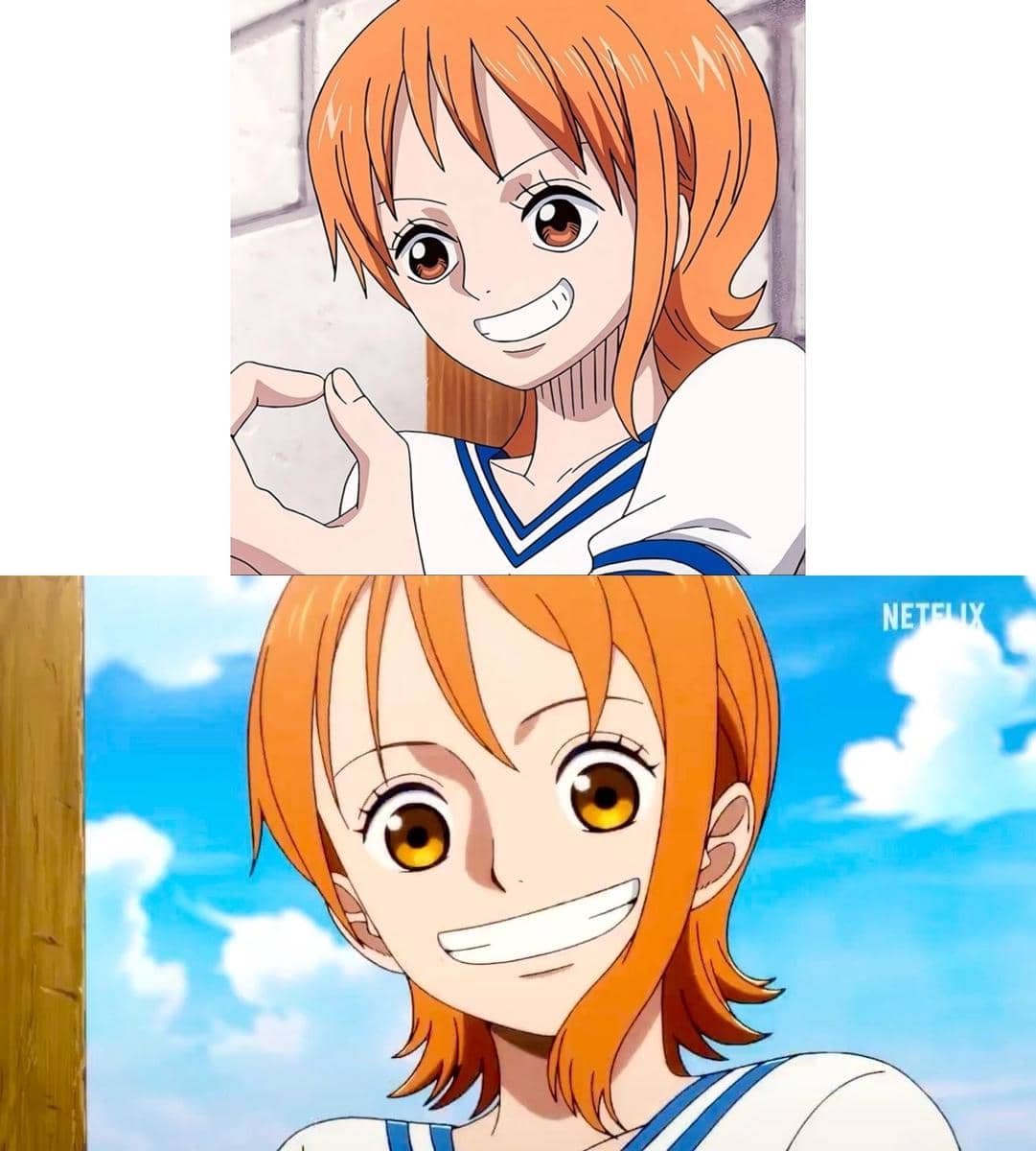 Perbandingan karakter anime One Piece versi original dan versi remake, menampilkan perubahan gaya gambar dan detail animasi.