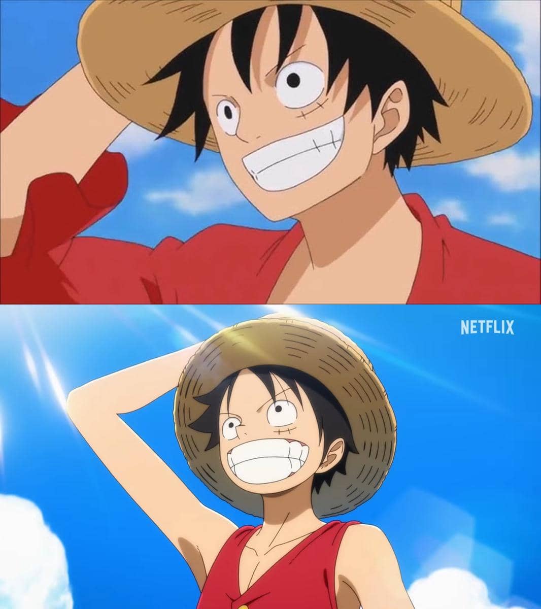 Perbandingan karakter anime One Piece mengenakan topi jerami antara versi original dan versi remake dengan gaya visual berbeda.