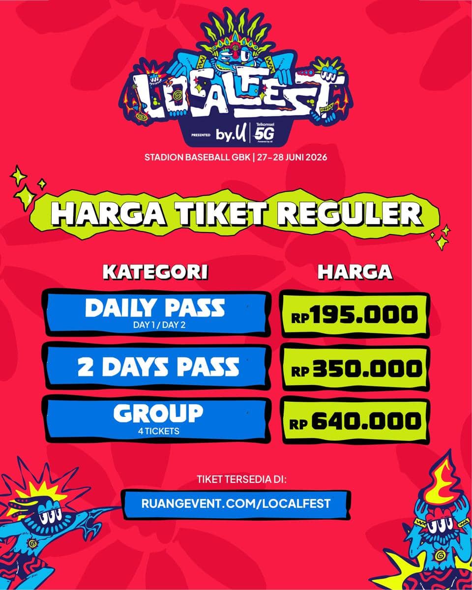 Poster daftar harga tiket reguler Localfest 2026 di Stadion Baseball GBK dengan kategori Daily Pass, 2 Days Pass, dan Group.