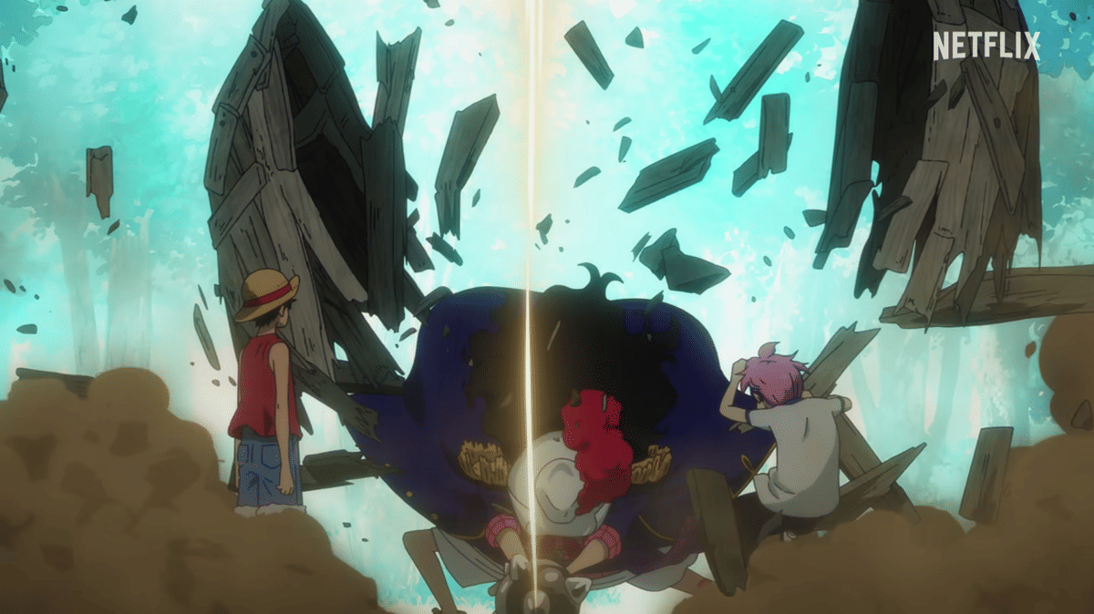 Luffy dan Koby berdiri di depan Alvida di antara puing-puing kayu yang hancur dengan cahaya terang di latar belakang.