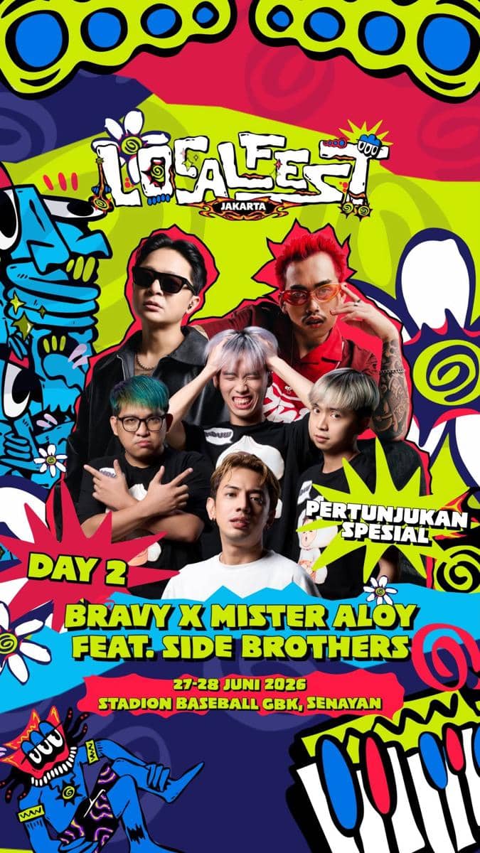 Poster berwarna cerah menampilkan kolaborasi spesial Bravy x Mister Aloy feat. Side Brothers untuk acara LocalFest Jakarta 2026 di Stadion Baseball GBK, Senayan.