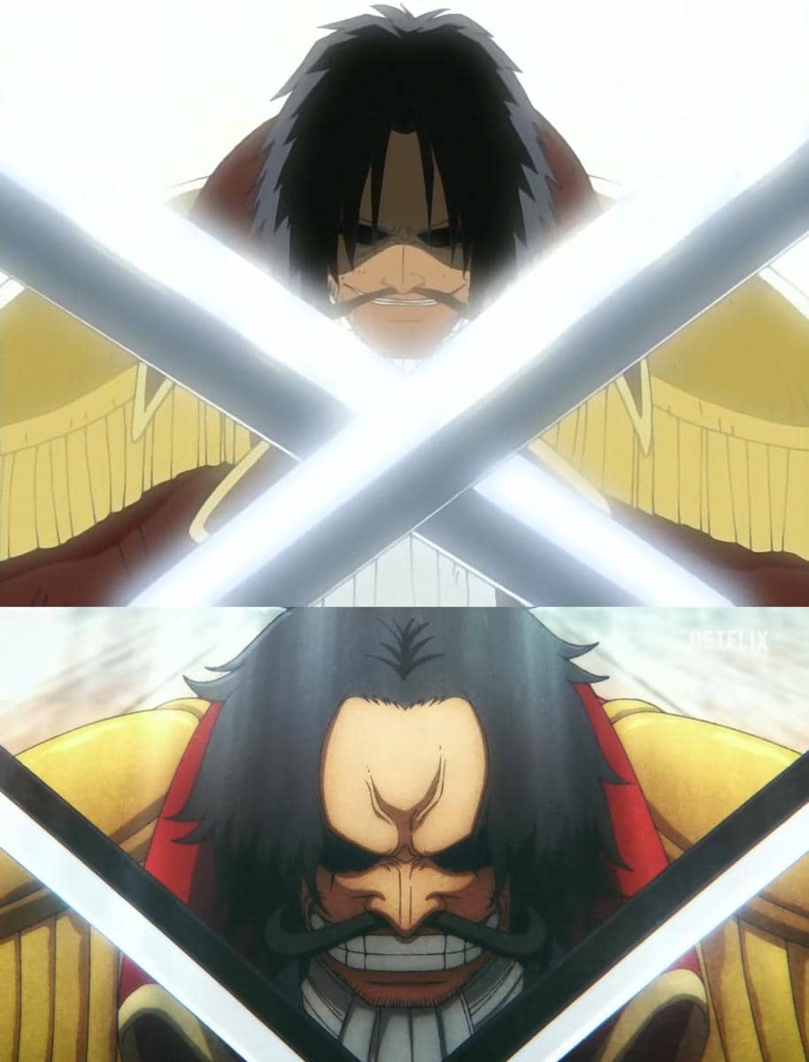 Perbandingan adegan karakter One Piece versi animasi asli dan versi remake dengan gaya visual serta pencahayaan berbeda.