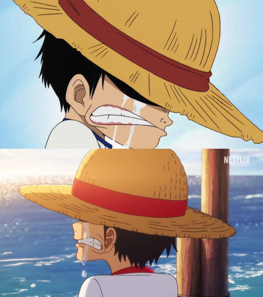 Perbandingan adegan karakter anime One Piece saat menangis mengenakan topi jerami antara versi original dan versi remake.
