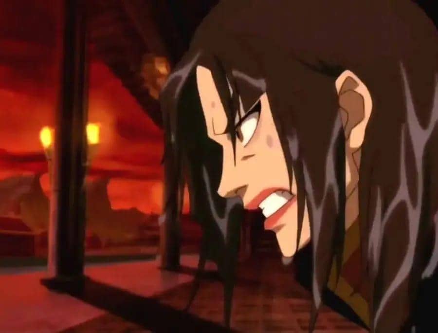 Azula dari serial animasi Avatar: The Last Airbender tampak marah dengan ekspresi tegang di ruangan bernuansa merah menyala.