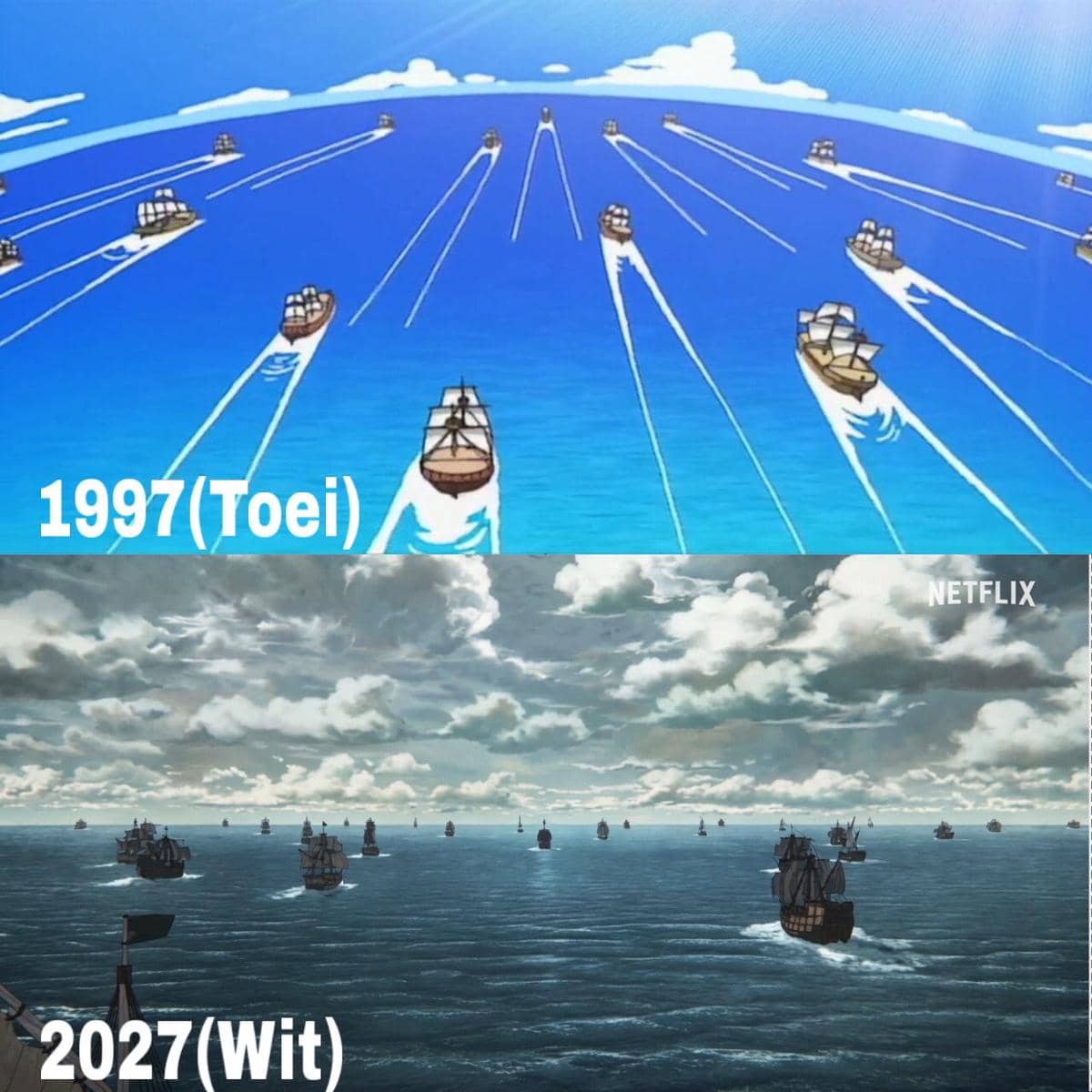 Perbandingan adegan kapal di laut dari anime One Piece versi 1997 produksi Toei Animation dan versi remake 2027 oleh Wit Studio.