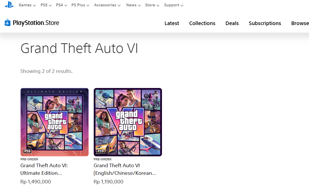 Halaman PlayStation Store menampilkan dua edisi pre-order Grand Theft Auto VI untuk PS5 dengan harga berbeda.