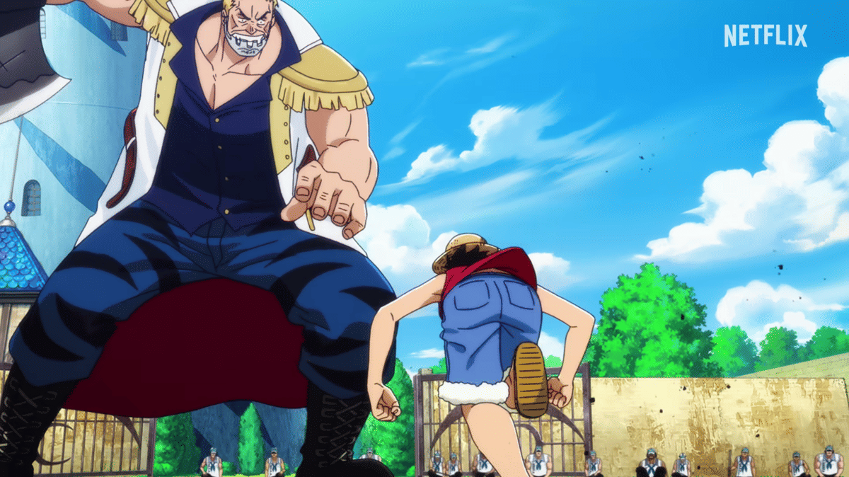 Axe Hand Morgan menghadapi Luffy di halaman markas marinir dengan latar langit cerah dalam adegan anime One Piece.