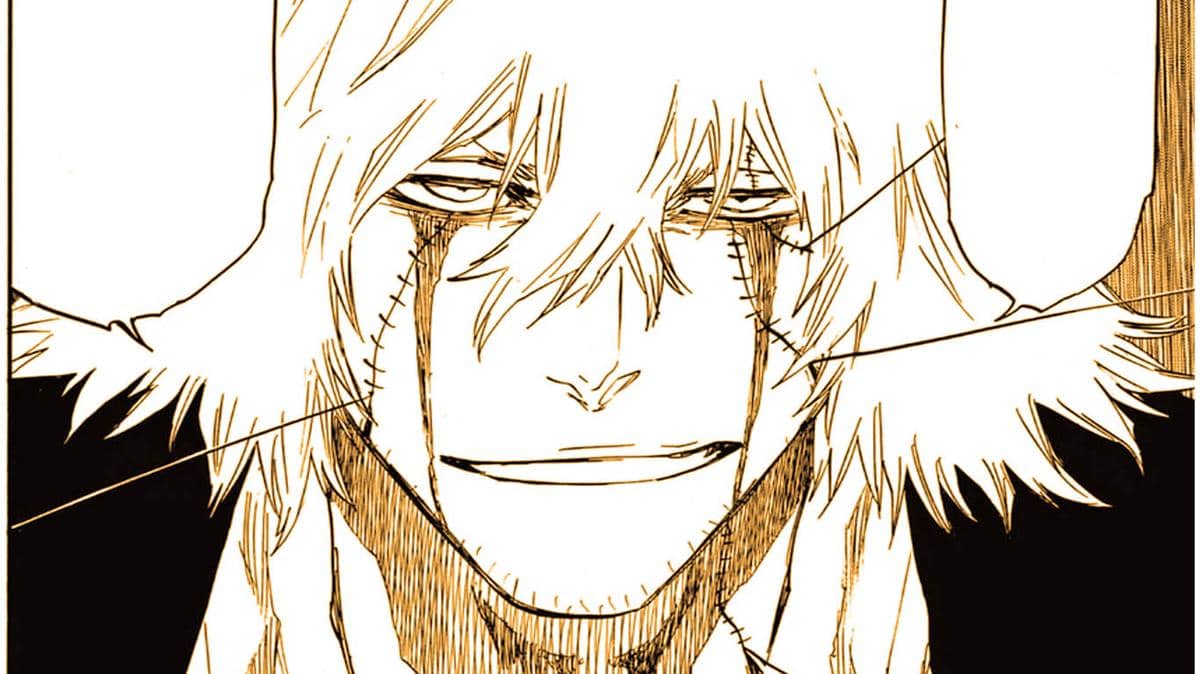 Urahara dari manga Bleach dengan luka jahitan di sekitar mata dan wajah, menatap dengan ekspresi tenang namun serius.