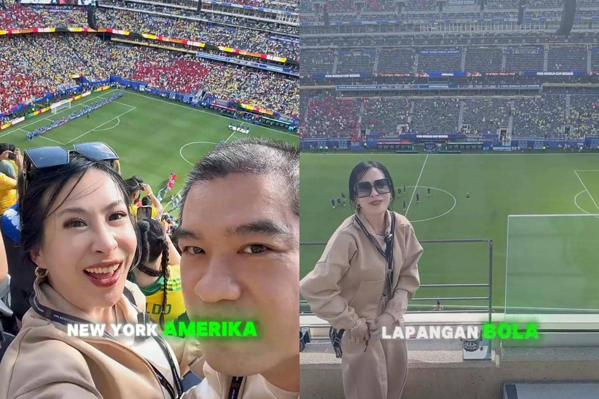 Seorang perempuan dan laki-laki asal Indonesia berfoto di stadion sepak bola di New York saat menyaksikan pertandingan Piala Dunia 2026.