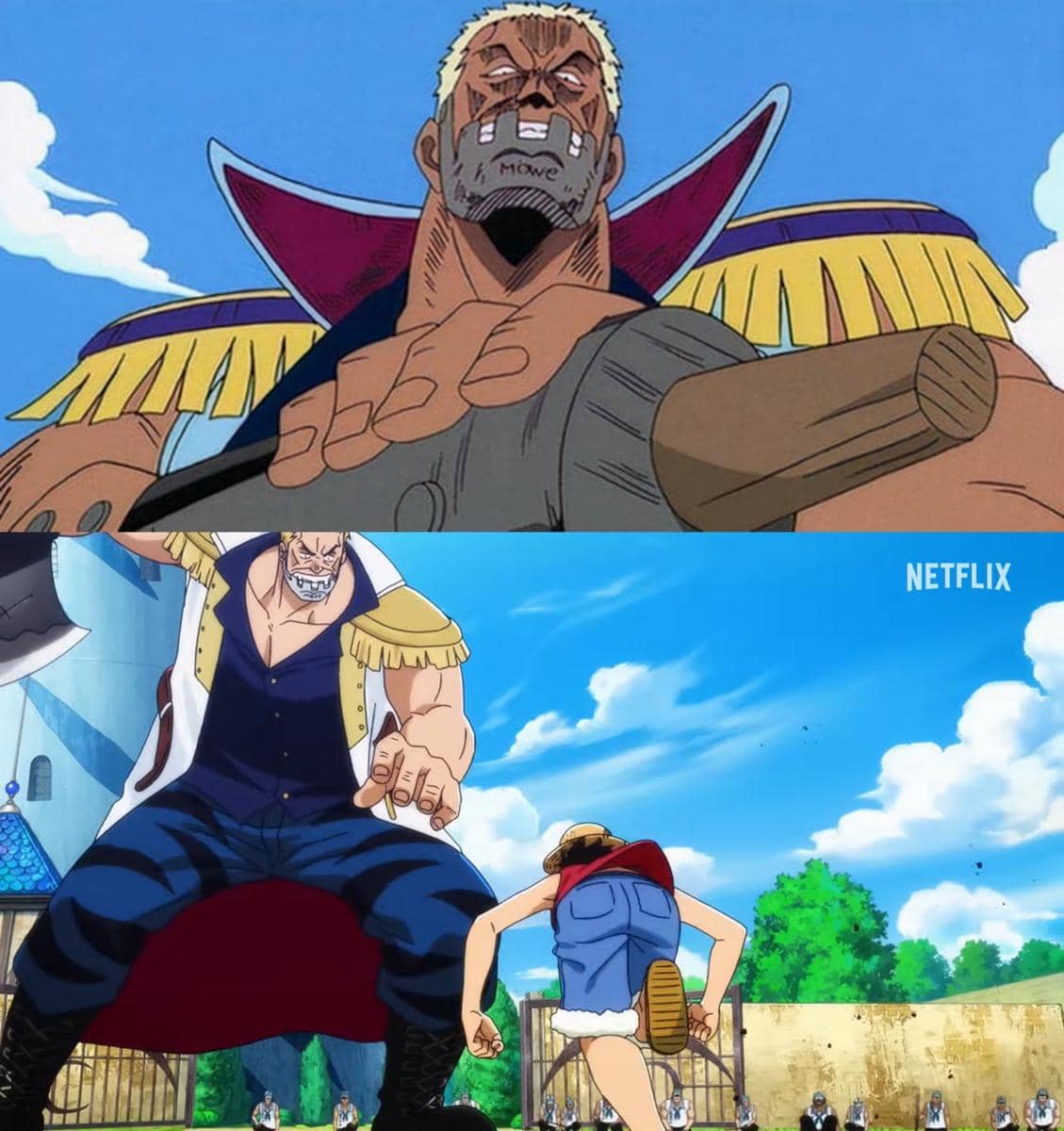 Perbandingan adegan karakter One Piece antara versi anime original dan versi remake dengan gaya animasi yang lebih modern.