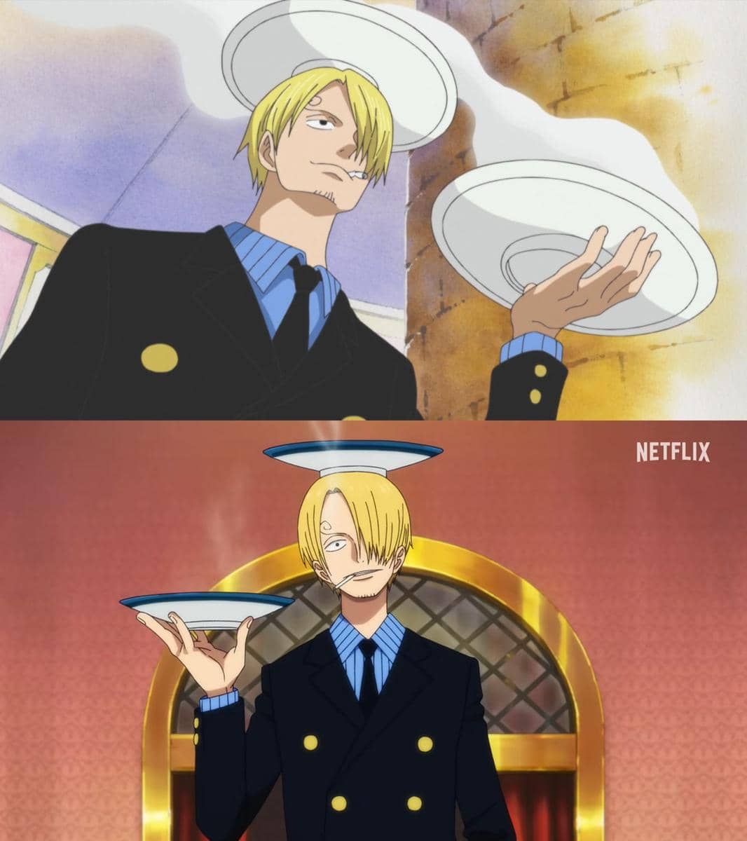 Perbandingan karakter anime berambut pirang mengenakan setelan jas hitam antara versi original dan versi remake dengan gaya visual berbeda.
