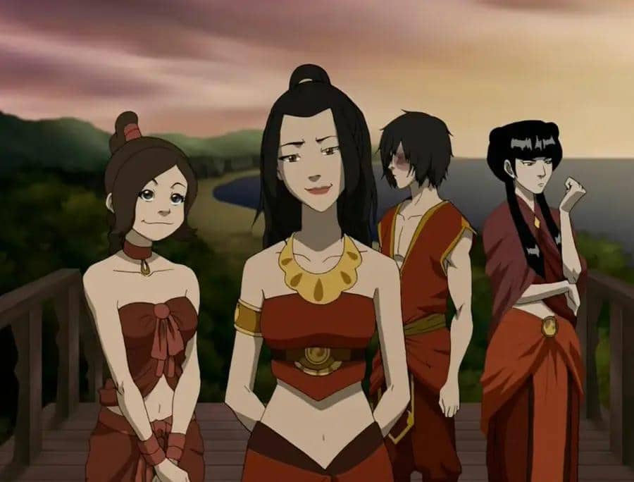 Azula bersama teman-temannya berdiri di jembatan kayu dengan latar matahari terbenam dalam adegan dari serial animasi Avatar: The Last Airbender.