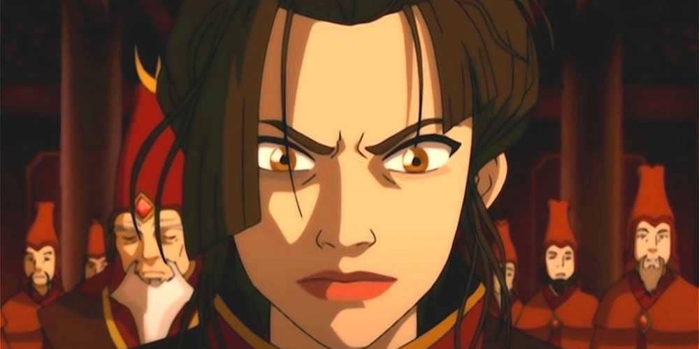 Azula menatap marah dengan ekspresi tegang di depan para prajurit Api setelah mengetahui pengkhianatan Mai dan Ty Lee.