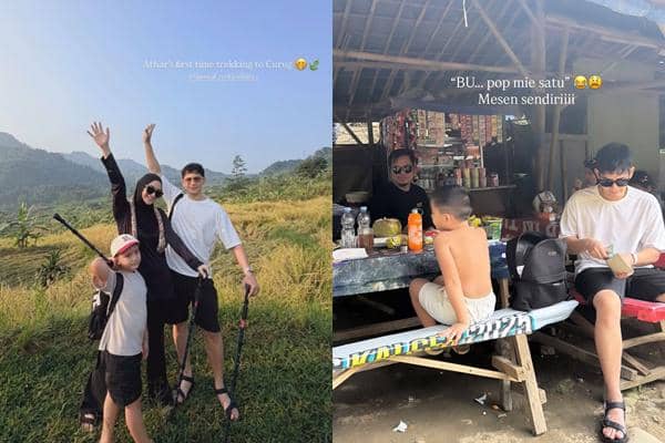 7 Potret Citra Kirana dan Rezky Aditya Trekking, Ajak Anak Mandi Curug