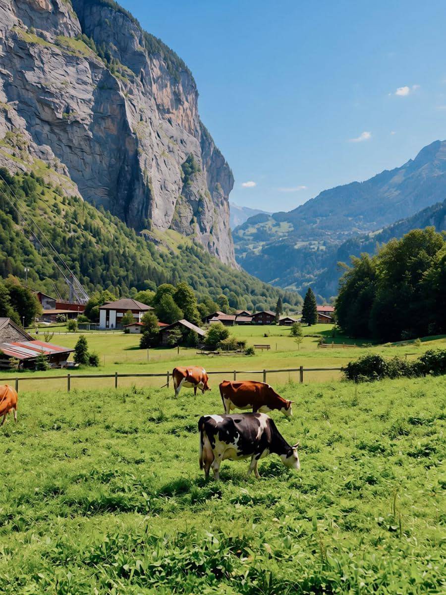 Pemandangan lembah hijau di Desa Lauterbrunnen dengan sapi-sapi merumput di padang rumput dan tebing batu menjulang di latar belakang.