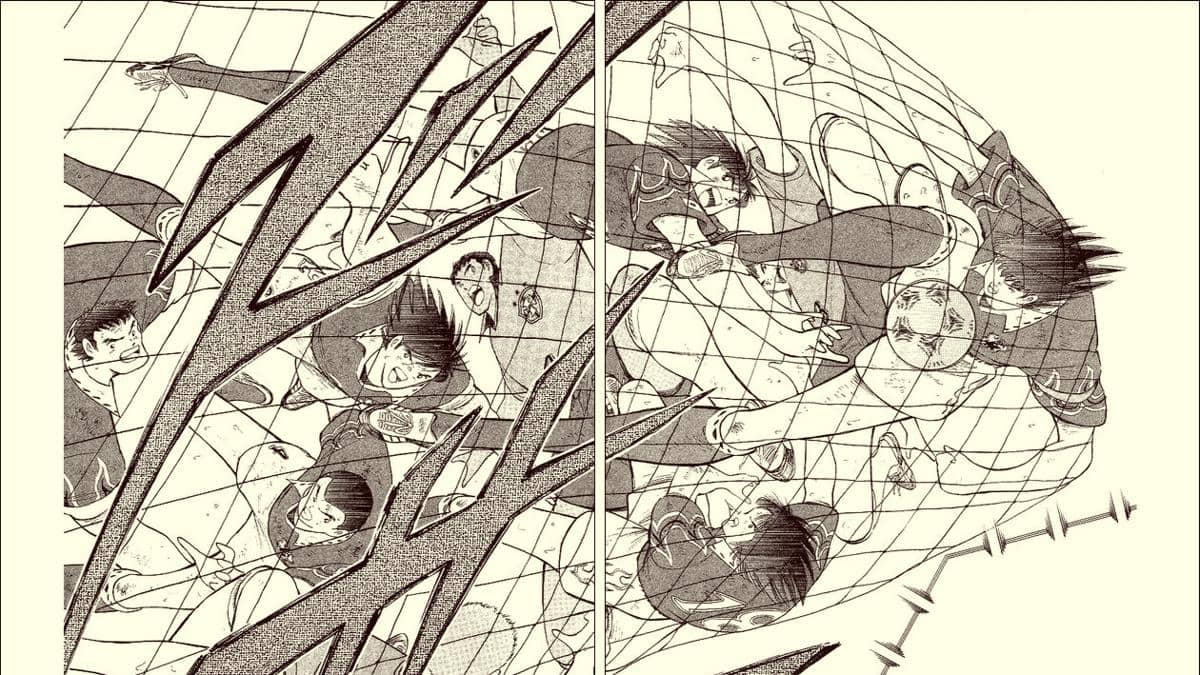Ilustrasi manga memperlihatkan beberapa pemain sepak bola beraksi di depan gawang dengan bola yang masuk ke jaring.