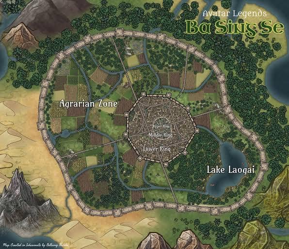 Peta kota Ba Sing Se dari serial Avatar: The Last Airbender menampilkan zona agraria, cincin kota, dan Danau Laogai dari pandangan atas.