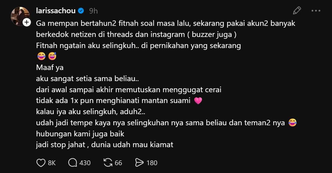 Tangkapan layar unggahan Instagram berisi klarifikasi seorang pengguna bernama larissachou menanggapi tuduhan perselingkuhan.