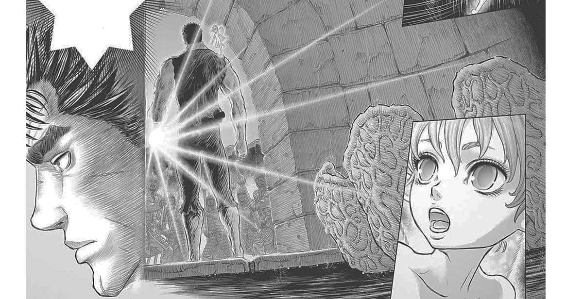 Adegan manga menampilkan Guts berdiri di depan gerbang bercahaya dengan Puck yang terkejut menyadari koneksi ke dunia astral.
