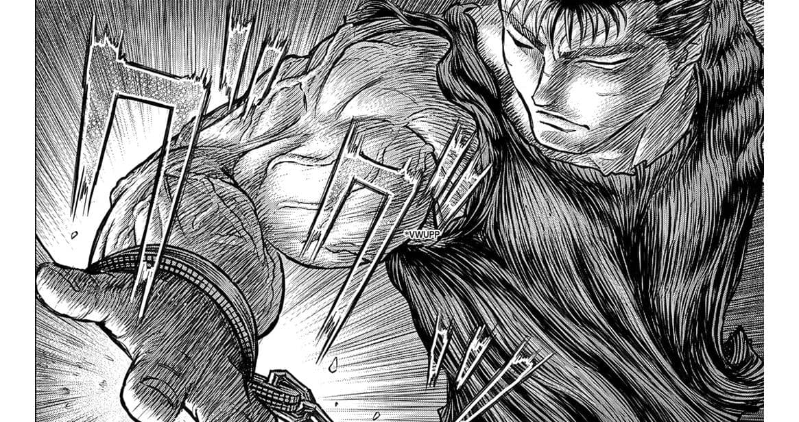 Guts dari manga Berserk tampak menggunakan kekuatannya untuk mendorong pintu stupa dengan ekspresi serius dan penuh tenaga.