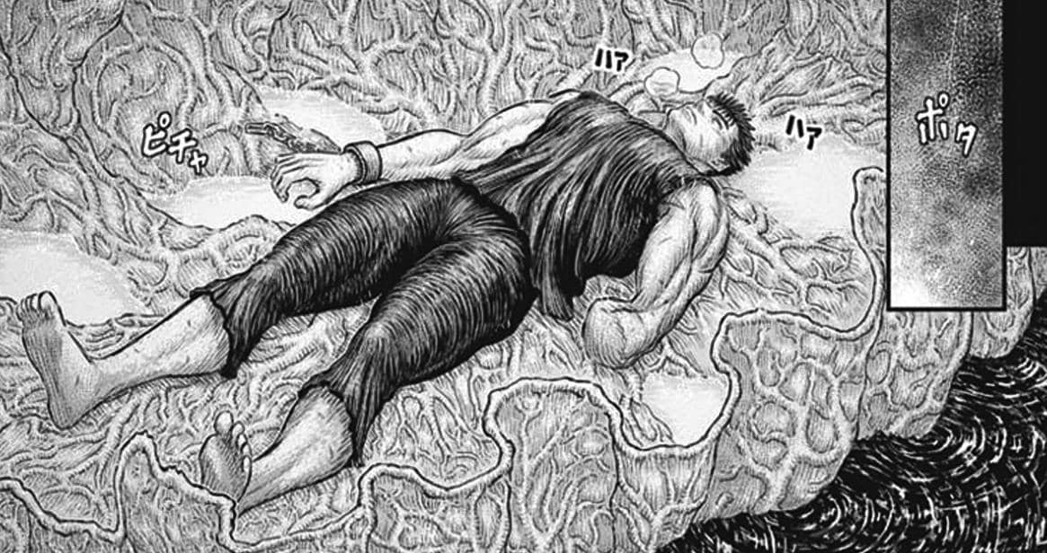 Guts terbaring di atas permukaan organik menyerupai daging dalam adegan manga Berserk, mengenakan pakaian gelap dan tampak baru terbangun.
