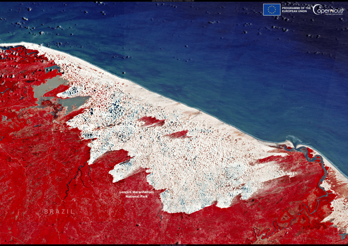 Citra satelit Taman Nasional Lençóis Maranhenses di Brasil.