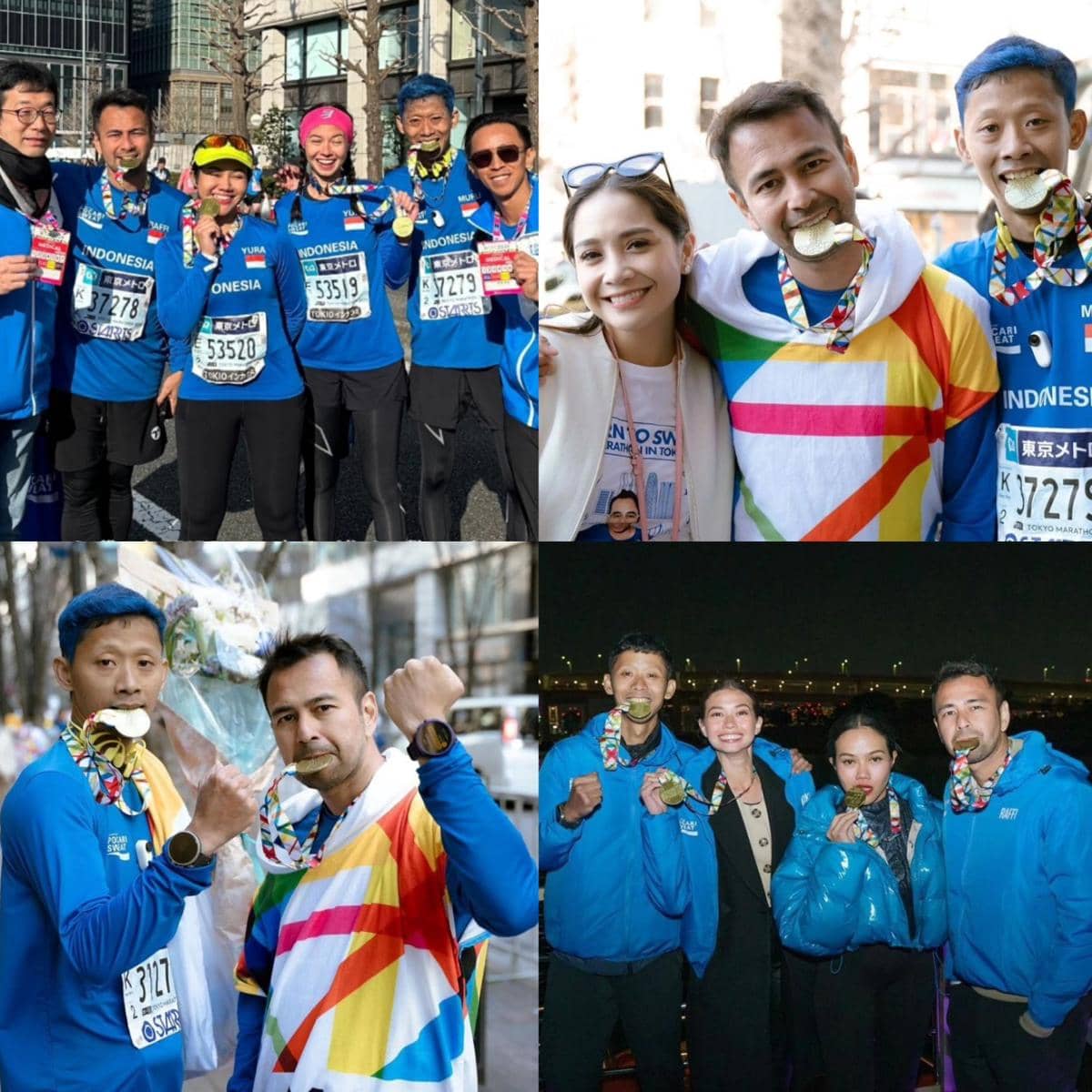 Sejumlah pelari Indonesia mengenakan jaket biru berpose sambil memperlihatkan medali setelah mengikuti ajang maraton internasional.