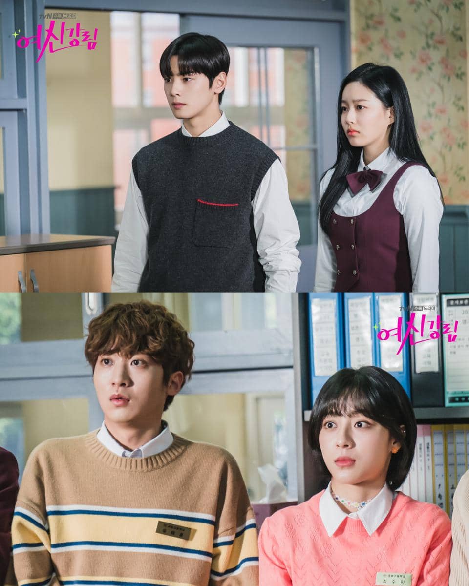 Empat siswa dengan seragam sekolah dan pakaian kasual terlihat di ruang kelas dalam cuplikan drama Korea True Beauty.
