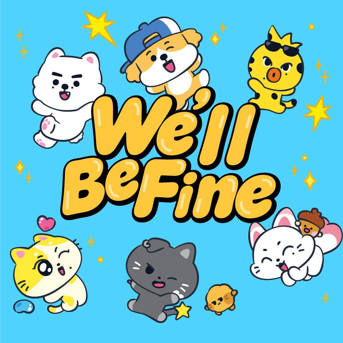 Poster digital single Jepang ENHYPEN berjudul We'll Be Fine dengan karakter kartun lucu berwarna cerah di latar biru.