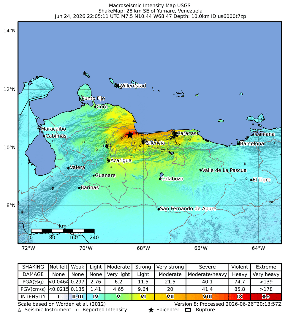 Peristiwa kedua dalam rangkaian gempa ganda Venexuela (M7.5).