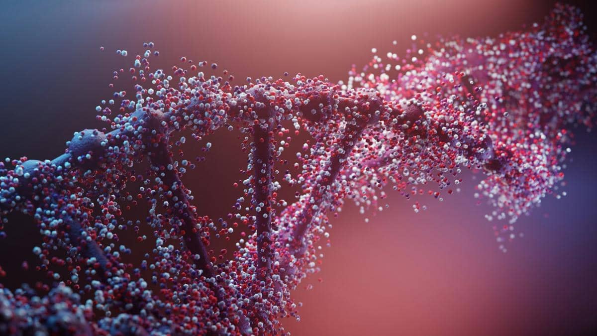 Ilustrasi heliks DNA berwarna biru dengan partikel bercahaya yang menggambarkan struktur materi genetik