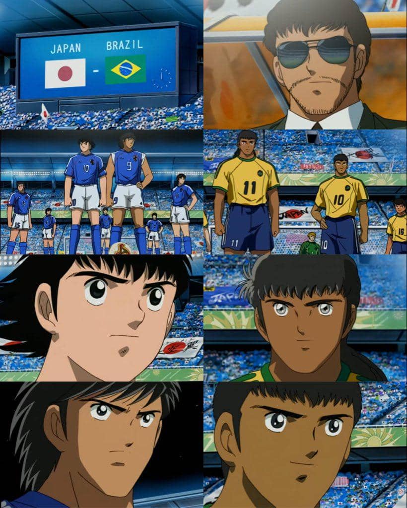 Ilustrasi anime memperlihatkan pertandingan sepak bola antara tim Jepang dan Brasil di stadion penuh penonton dengan suasana tegang.