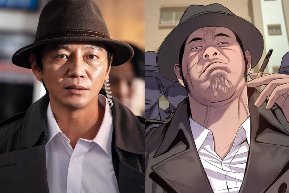 Perbandingan karakter Agent Kim dari drama Korea dan versi webtoon, keduanya mengenakan jas hitam dan topi fedora.