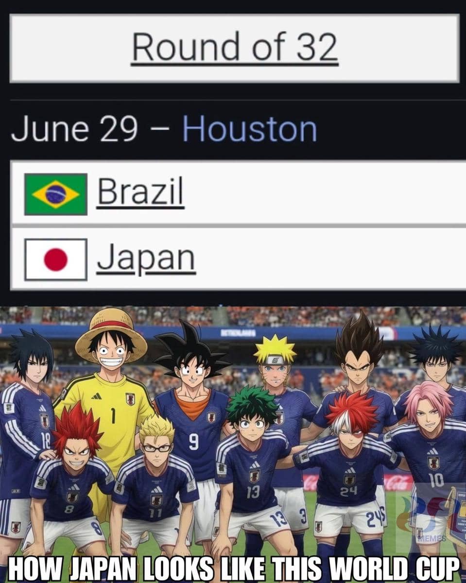 Meme pertandingan Brasil vs Jepang di Piala Dunia 2026 menampilkan karakter anime populer mengenakan seragam tim nasional Jepang.