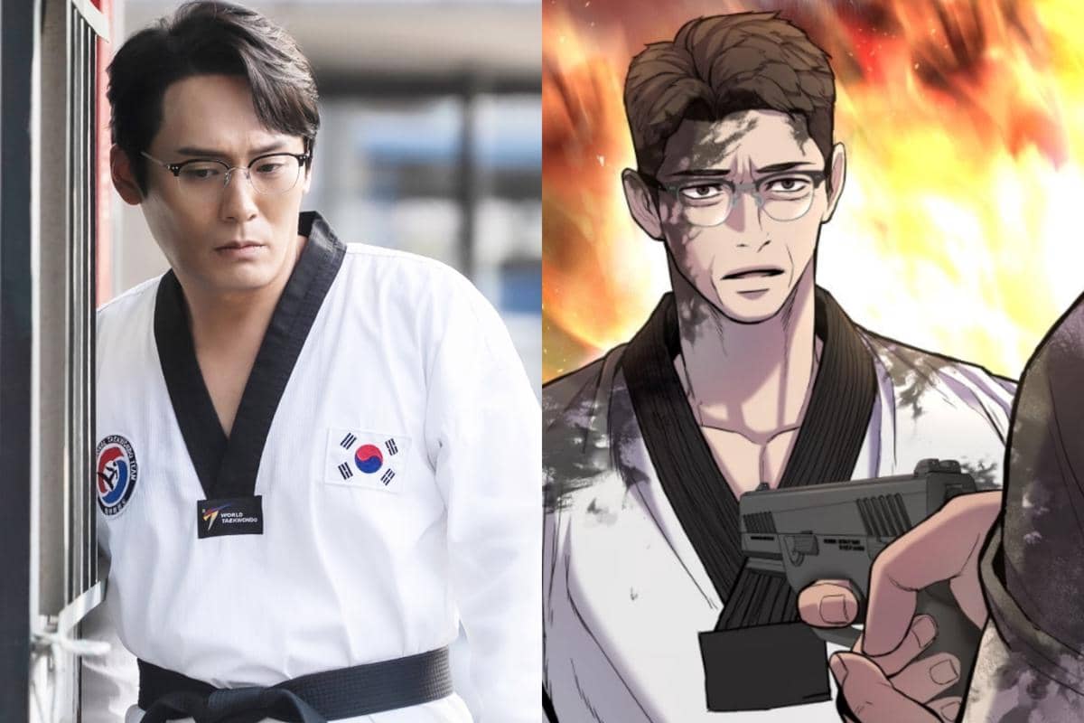 Perbandingan karakter Agent Kim Reactivated antara versi drama Korea dengan aktor mengenakan seragam taekwondo dan versi webtoon bergaya aksi dengan latar api.