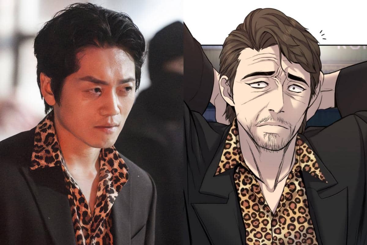 Perbandingan karakter dari drama Korea dan versi webtoon Agent Kim Reactivated, keduanya mengenakan kemeja motif macan tutul dan jas hitam.