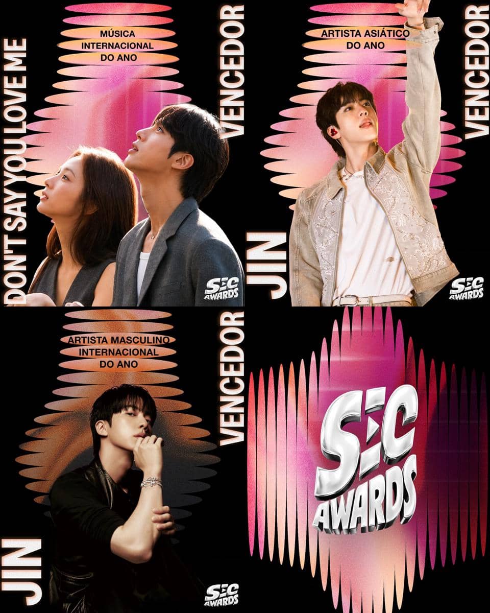 Kolase foto Jin BTS dengan latar bertuliskan SEC Awards, menampilkan penghargaan Artis Asia dan Artis Pria Internasional Tahun Ini.