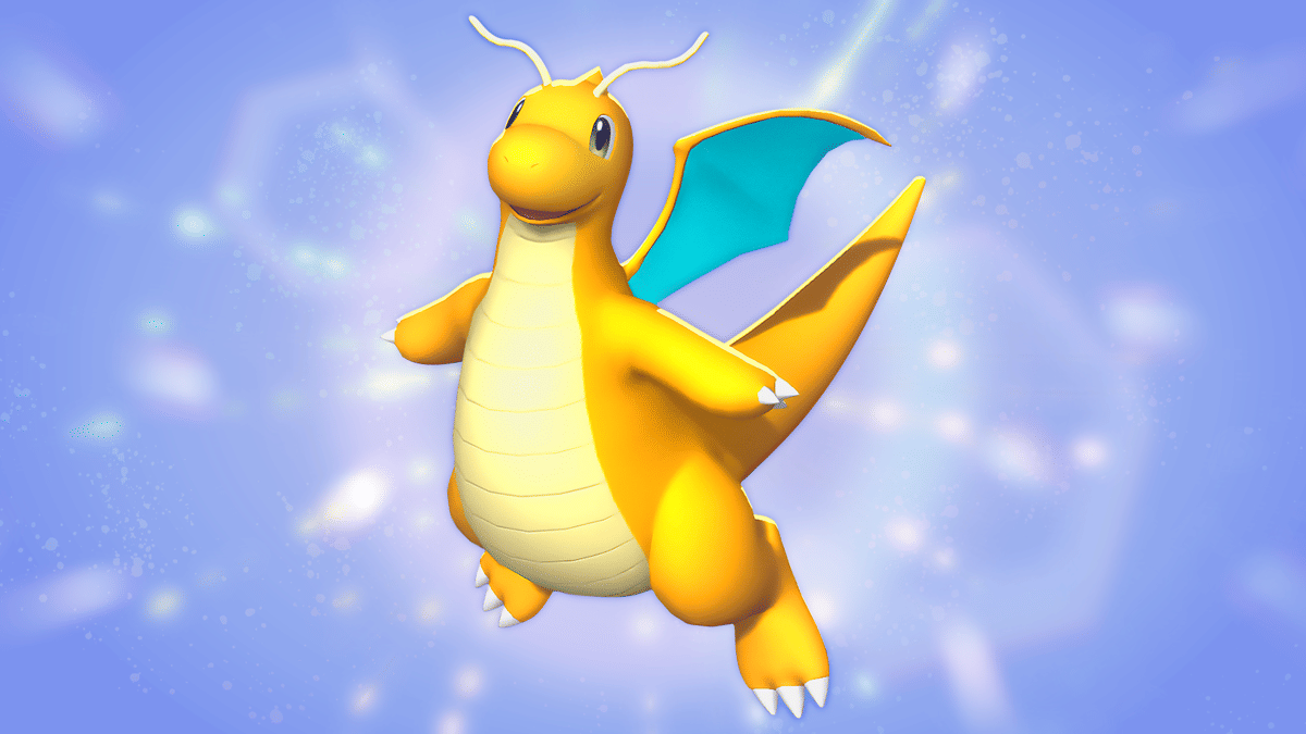 Dragonite berwarna oranye dengan sayap biru muda tampak melayang di latar belakang bercahaya lembut berwarna ungu kebiruan.