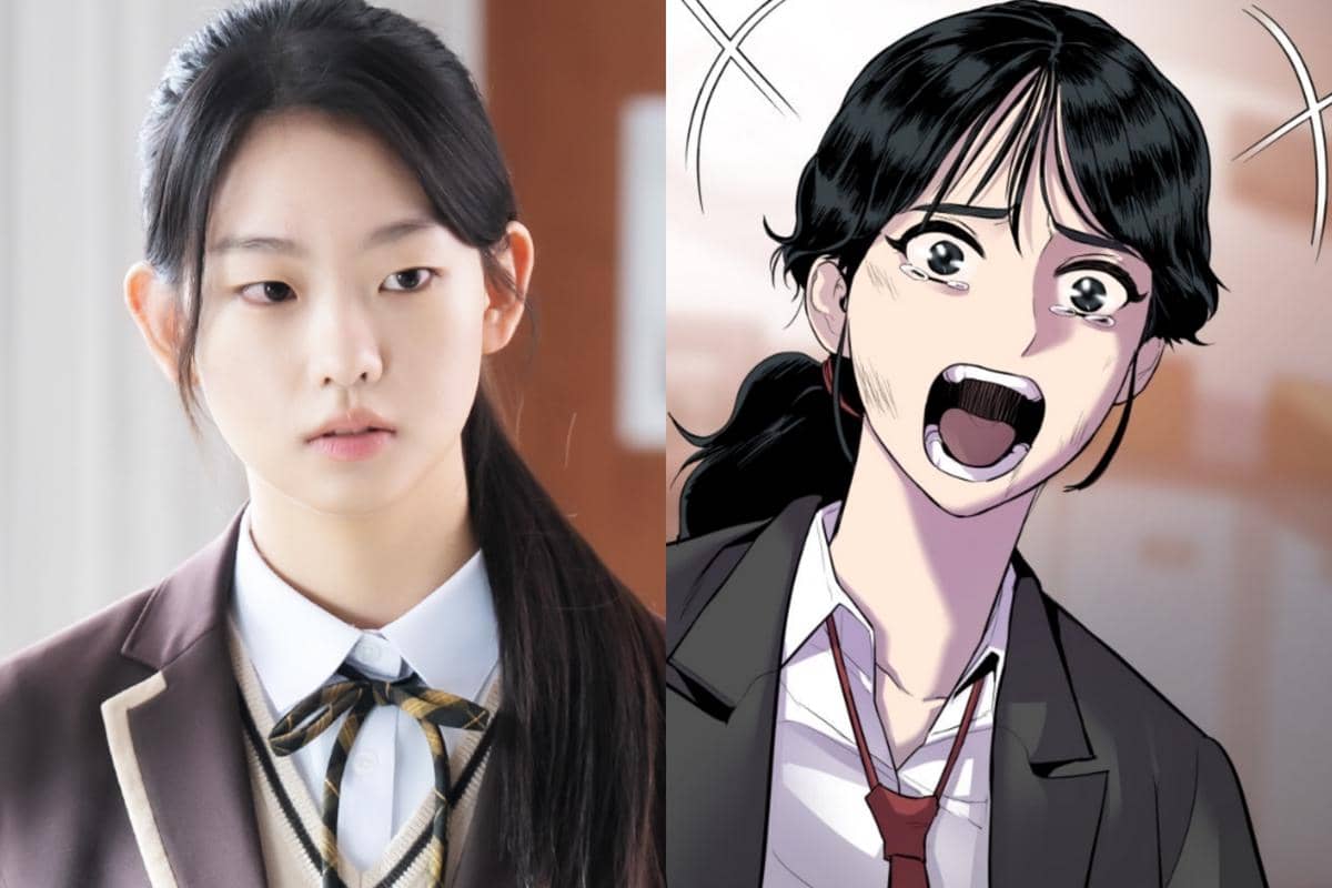 Perbandingan karakter dari drama Korea Agent Kim Reactivated dengan versi webtoon, menampilkan aktris dan ilustrasi karakter utama.