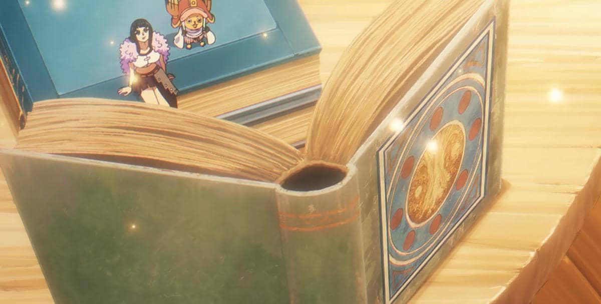 Robin dan Chopper dari anime One Piece membaca buku tebal bergambar simbol kuno di atas meja kayu yang diterangi cahaya hangat.