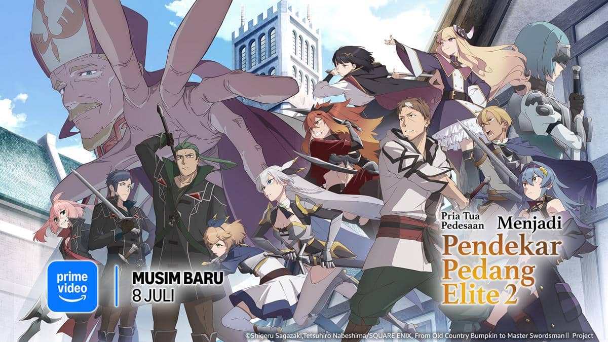 Poster anime Pria Tua Pedesaan Menjadi Pendekar Pedang Elite 2 menampilkan sekelompok karakter bersenjata dengan latar bangunan bergaya Eropa.